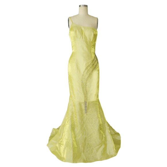 Vtg Size 4 Sparkly Yellow Beaded One Shoulder Mermaid Cocktail Evening Gown - Picture 1 of 7